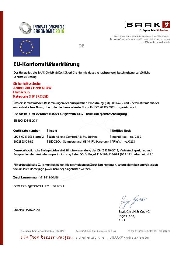 Sicherheitsschuh Henk Gr.46 N schwarz/grau Mikrofaser S1P SRC ESD EN20345 Baak