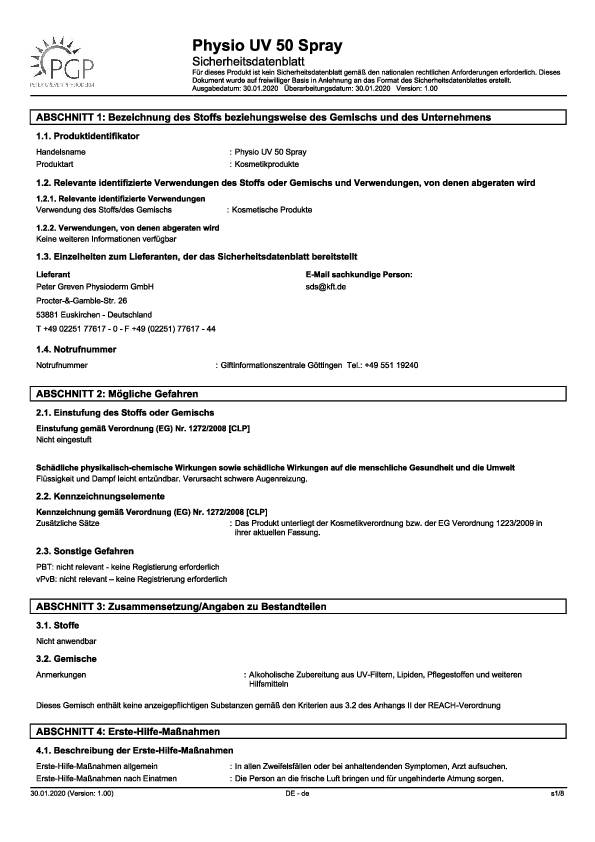 Hautschutzspray PHYSIO UV 50 SPRAY 200 ml wasserfest,fettfrei 200ml Pumpflasche