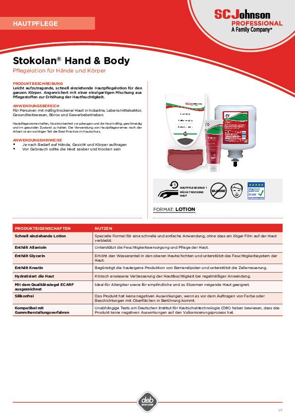 Hautpflegecreme Stokolan® Hand & Body 1l Lotion,parfümiert Kartusche SC JOHNSON