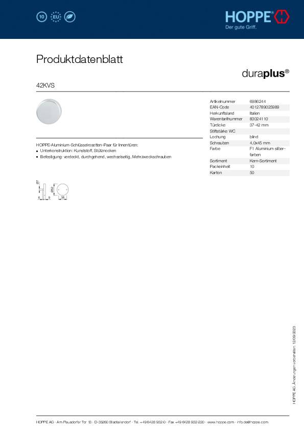 Rosette 42KVS blind F1 Alu natur Türdicke 37-42mm duraplus®