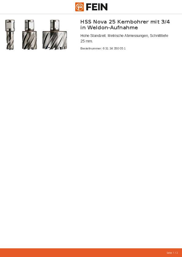 Kernbohrer NOVA 25 D.35mm HSS Schnitt-T.25mm Weldon FEIN
