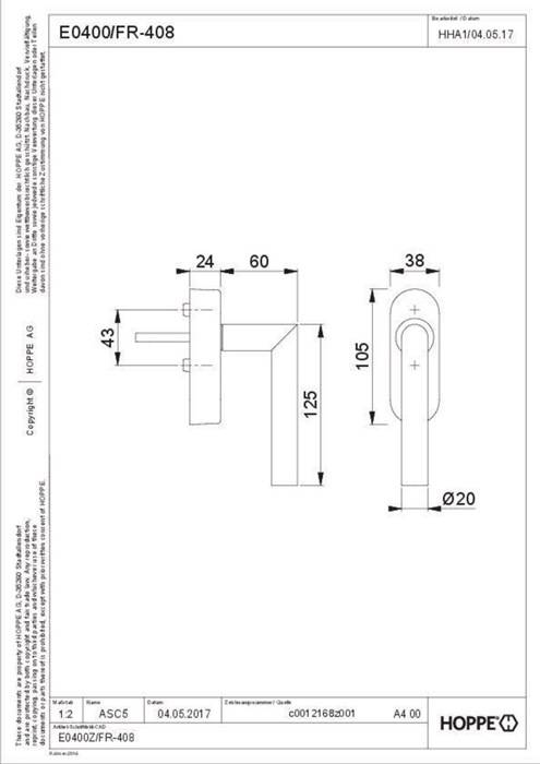 Fenstergriff Ams.E0400/FR-408 VA ma 20-30mm eFenstergriff HOPPE