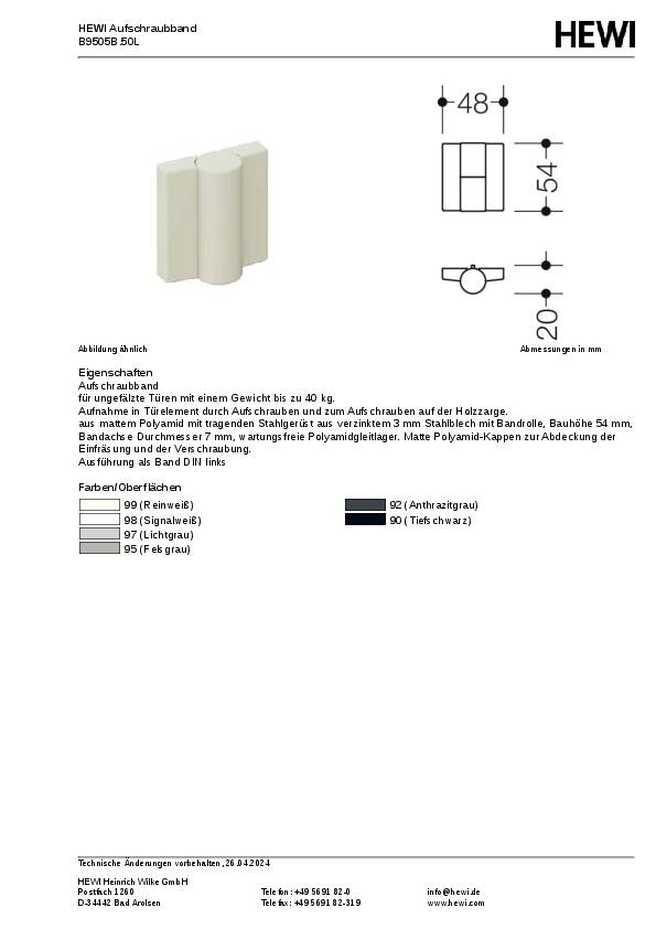 Scharnier DIN li.H.52mm B.47mm PA m.Metalleinleger signalweiß,ma HEWI
