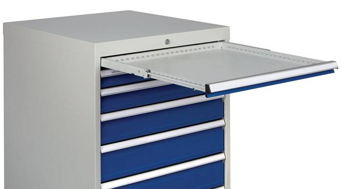 Schubladenschrank H1019xB705xT736mm lichtgrau/signalblau 6 Schubl.Vollauszug