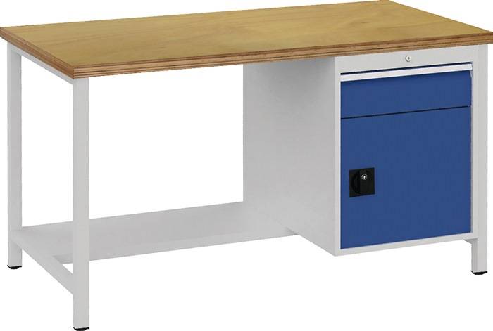 Werkbank signalblau lichtgrau B1500xH859xT750mm Buche Multipl.40mm 1 Schub.1 Tür