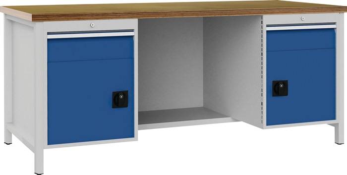 Werkbank signalblau lichtgrau B2000xH859xT750mm Buche Multipl.40mm 2 Schub.2 Tür