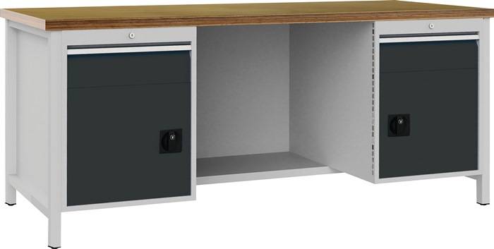 Werkbank grau lichtgrau B2000xH859xT750mm Buche Multiplex 40mm 2 Schubl.2 Türen