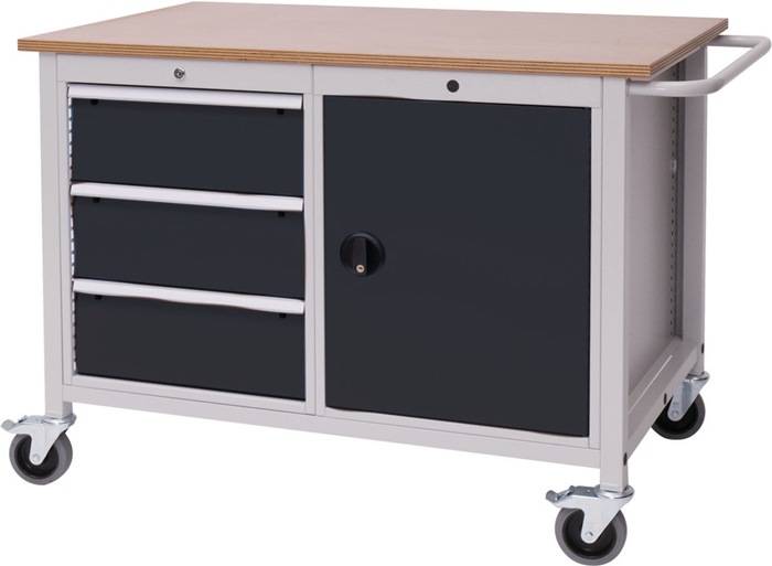 Werkbank B1250xT750xH935mm Buche Multiplex lichtgrau/grau 3 Schubl.1 Tür