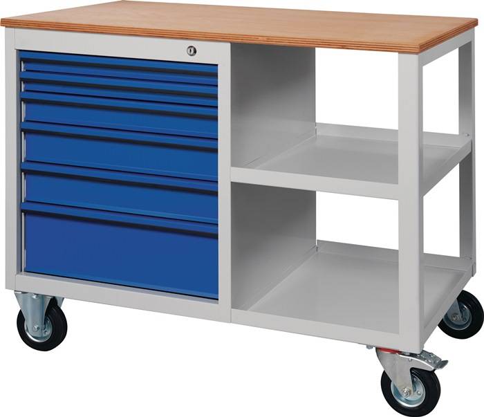 Werkbank PW700 B885xT700xH805mm Buche Multipl. lichtgrau/enzianblau 2 Schubl.