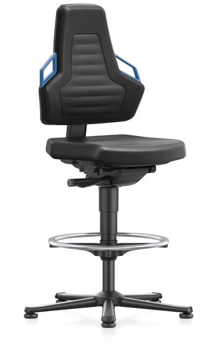 Arbeitsdrehstuhl Nexxit Gleiter+Fußring PU-Schaum schwarz Griff blau 570-820mm