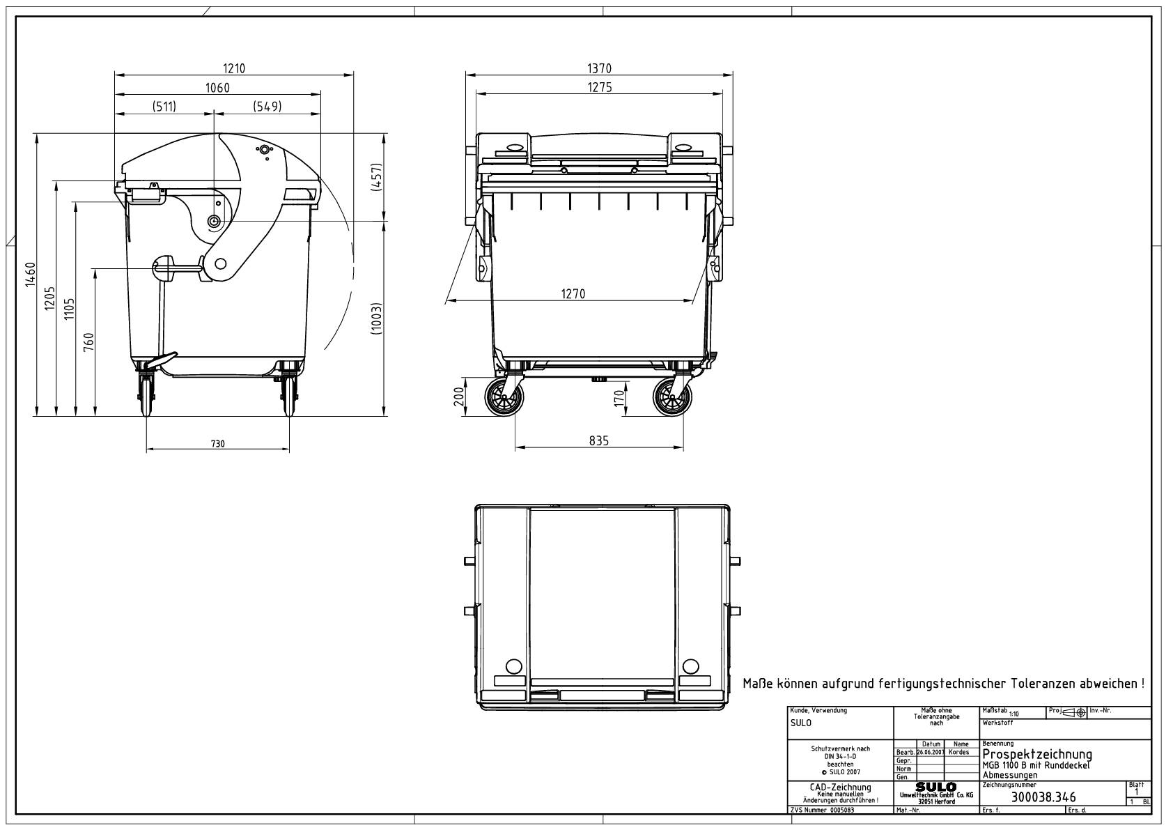 Müllgroßbehälter 1,1 m³ HDPE grün fahrbar,n.DIN EN 840-3 SULO