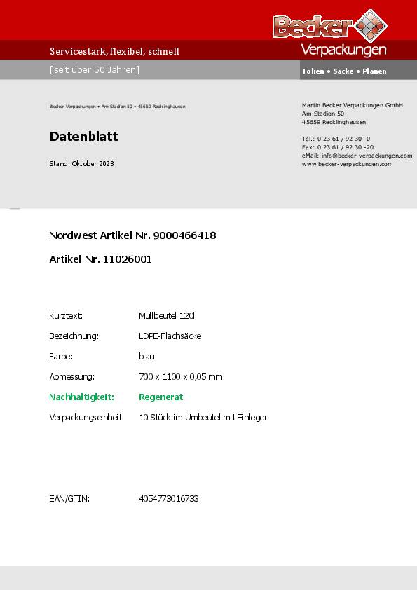 Müllbeutel B700xL1100mm 120l 60 µm blau 10St./Btl.