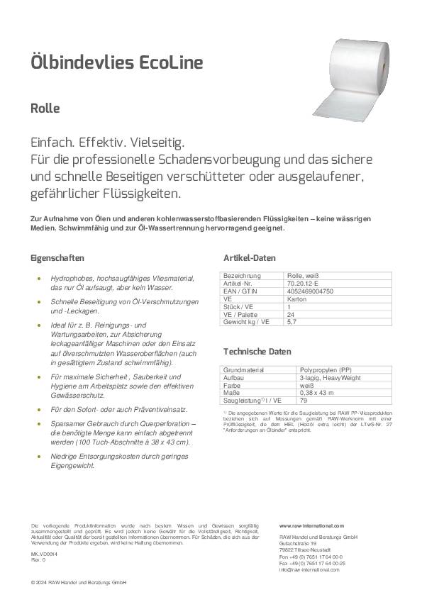 Ölbindevlies Oil-Only L.43m B.38cm 100 Tü.Rl.RAW