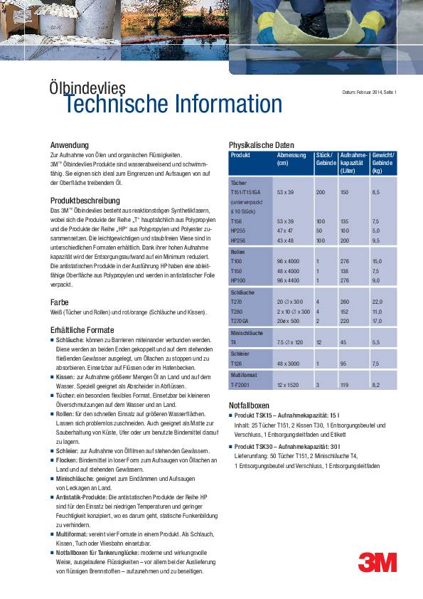 Ölbindevlies T 151GA L.45cm B.45cm 20 Tü.Krt.3M
