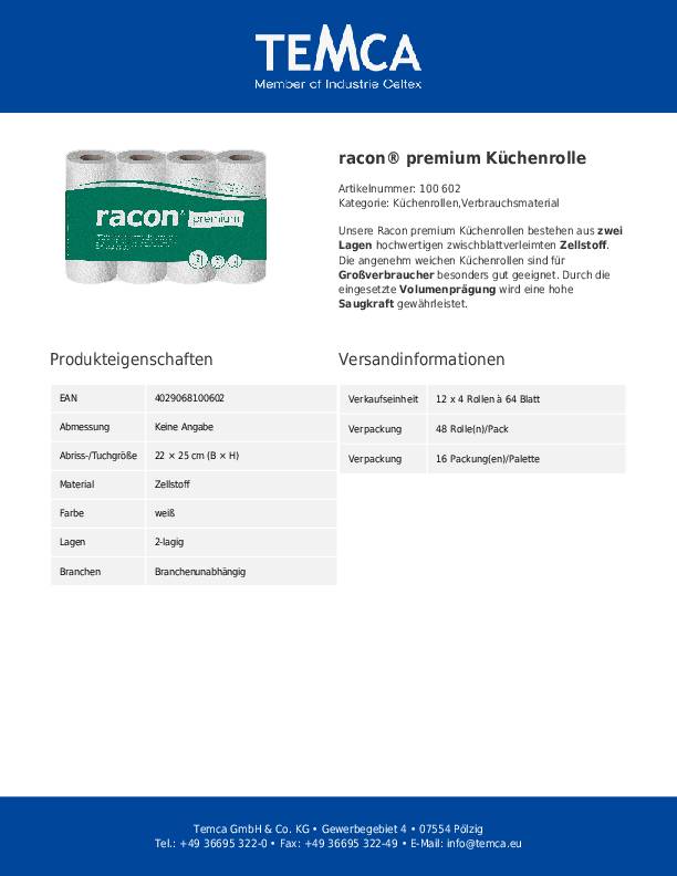Küchenrolle racon Premium K-2 B220xL250ca.mm weiß 2-lagig,perforiert 4 Rl./PAK