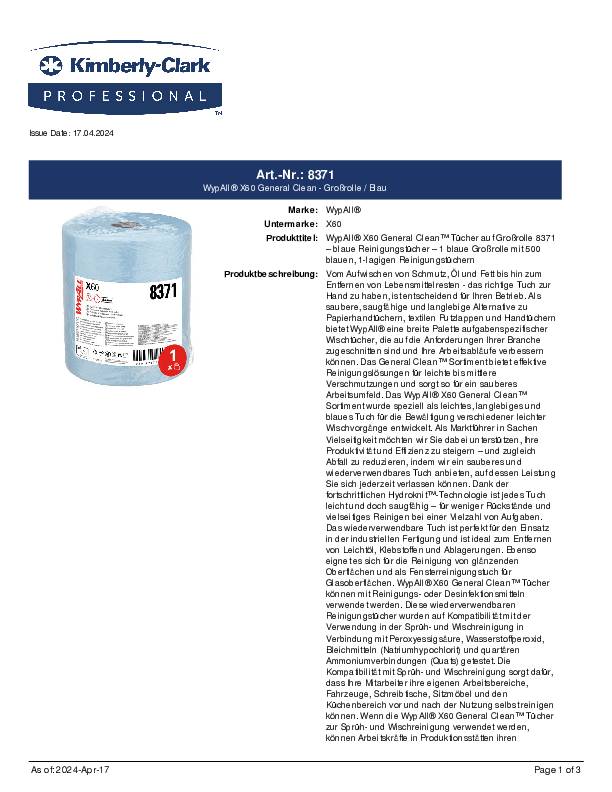 Wischtuch WYPALL X60 8371 L380xB315ca.mm blau 1-lagig,perforiert,geprägt