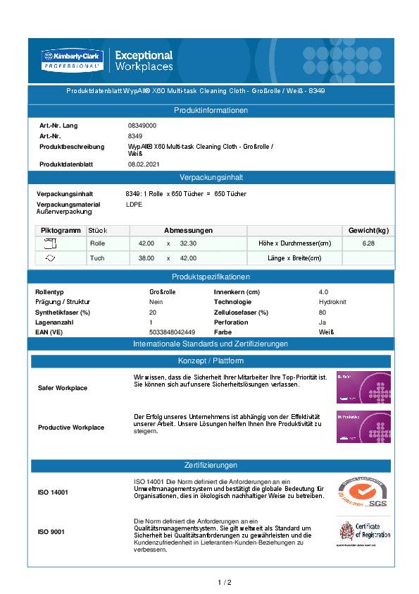 Wischtuch Wypall X60-8349 L380xB420ca.mm weiß 1-lagig 650 Tü./Rl.WYPALL