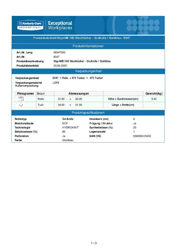 Wischtuch WypAll® X80 8347 L315xB310ca.mm blau 1-lagig Rl.WYPALL