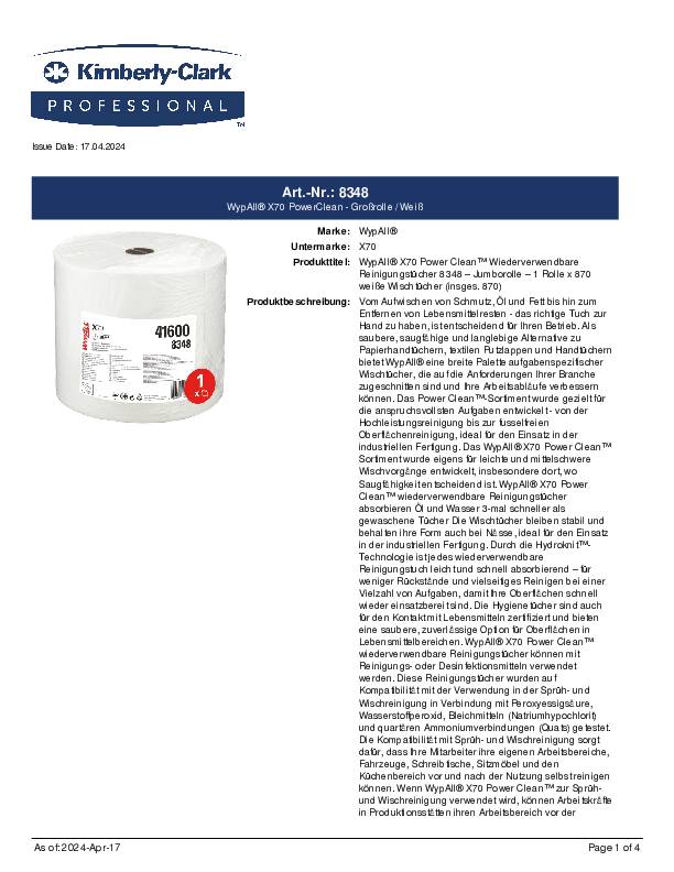 Reinigungstuch WypAll® X70 8348 L315xB310ca.mm weiß 1-lagig KIMBERLY-CLARK