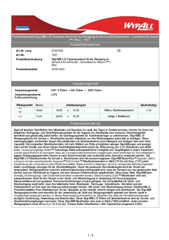 Putztuch WYPALL L10 7407 L380xB183ca.mm blau 1-lagig,perforiert,RCS 6RL/KT WYPAL 6 Stück