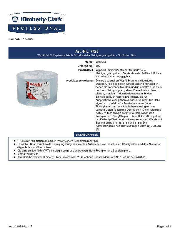 Putztuch WYPALL L30 ULTRA 7425 L380xB235ca.mm blau Rl.