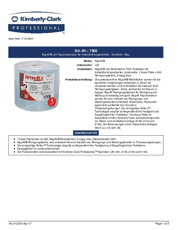 Wischtuch WYPALL L20 7300 L380xB235ca.mm blau 2-lagig 500 Tü./Rl.