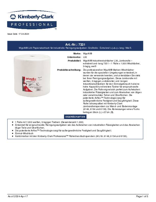 Wischtuch WYPALL L30 7331 L380xB370ca.mm weiß 3-lagig 1000 Tü./Rl.