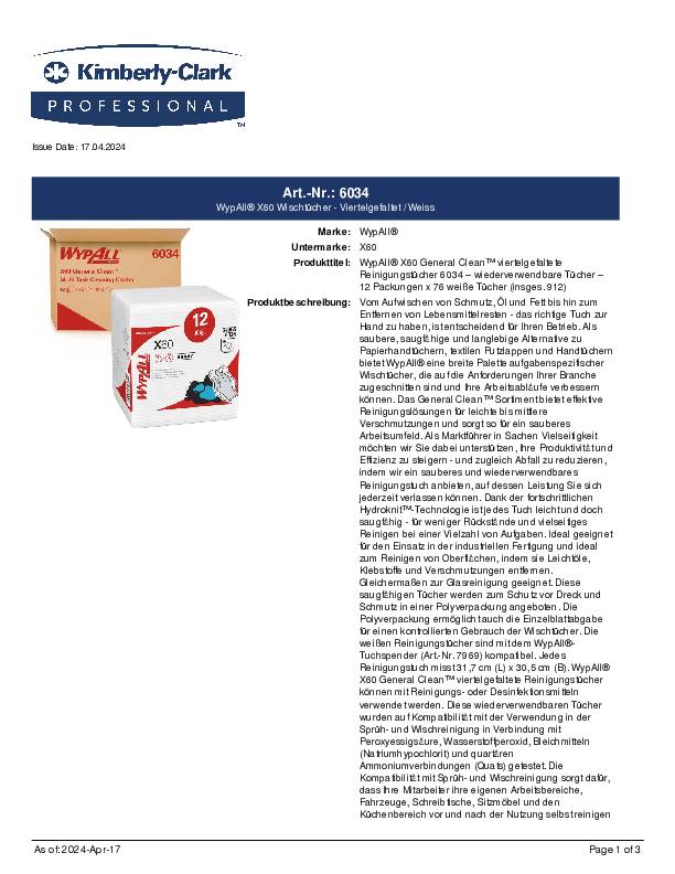 Wischtuch WYPALL X60 6034 L310xB320ca.mm weiß 1-lagig 12 Btl.à 76 Tü.