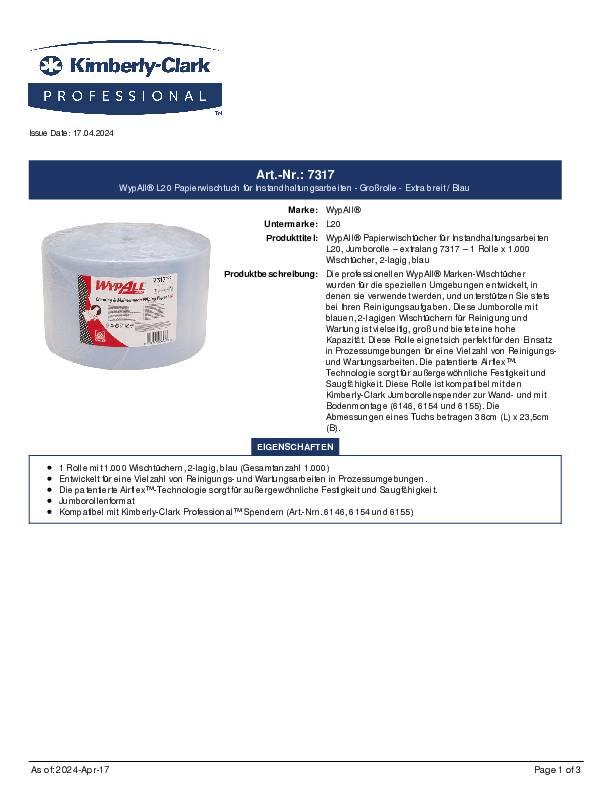 Wischtuch WYPALL L20 EXTRA+ L380xB235ca.mm blau 2-lagig