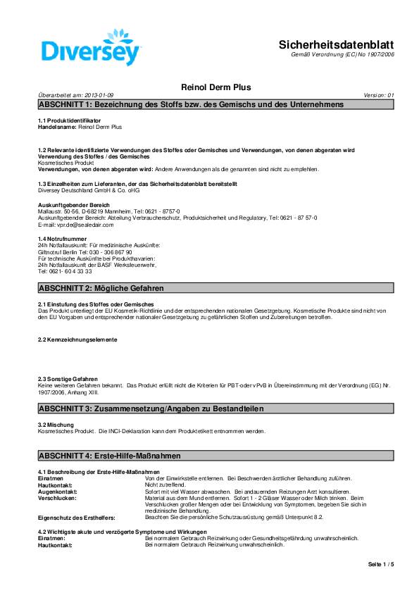 Hautpflegecreme REINOL Derm Plus 150 ml n. parfümiert DIVERSEY