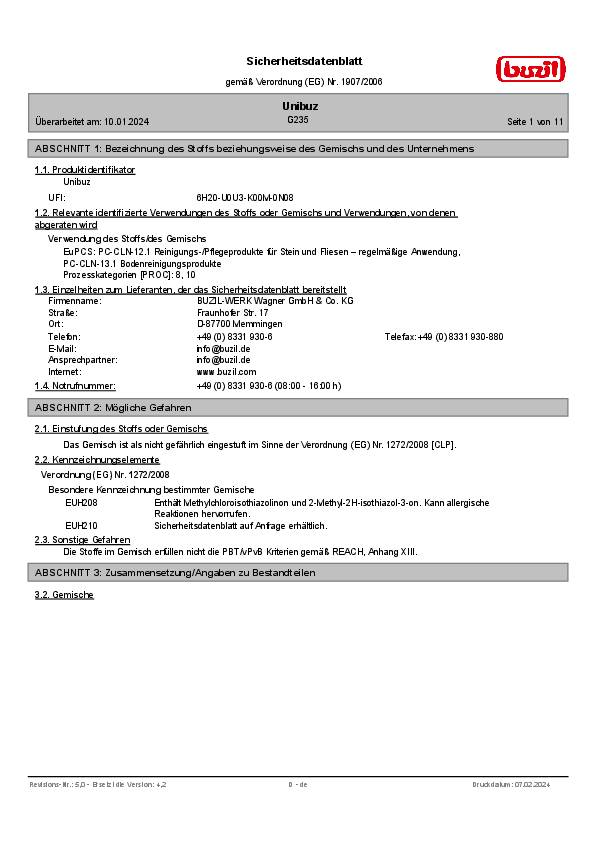 Wischpflege Unibuz G 235 10l Kanister BUZIL
