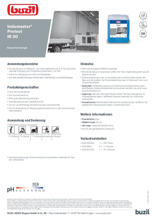 Maschinenreiniger Indumaster® Protect IR 30 10l Konzentrat Kanister BUZIL