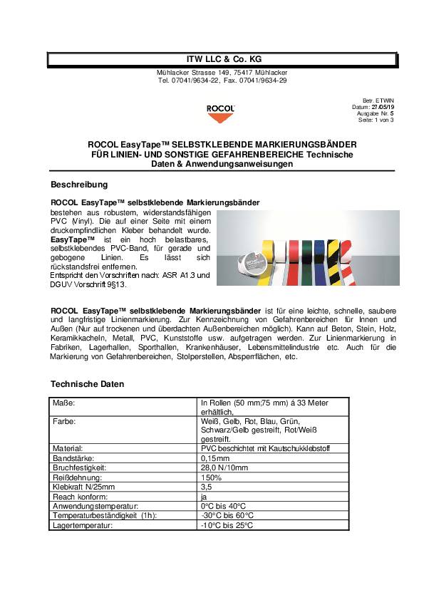 Bodenmarkierungsband Easy Tape PVC weiß L.33m B.75mm Rl.ROCOL