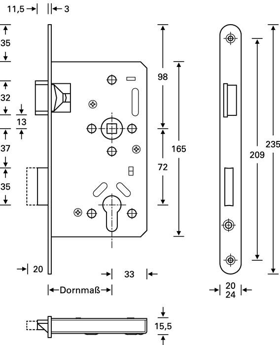 Panik-Einsteckschloss Ser.20 APE Fkt.E rd 20/55/72/9mm DIN li.VA SSF