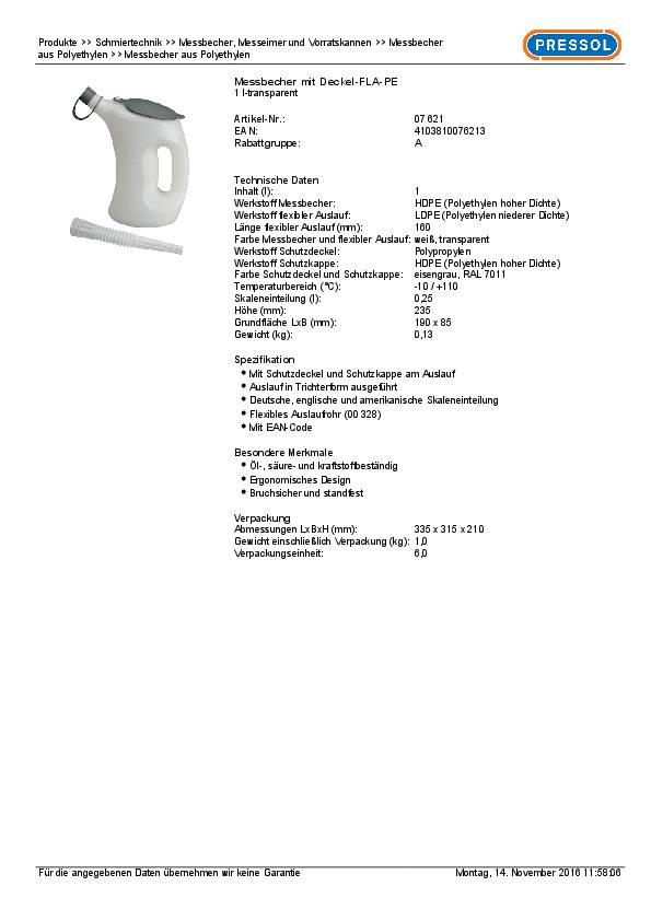 Messbecher 1l m.Schutzdeckel/Schutzkappe/Flexauslauf HDPE PRESSOL