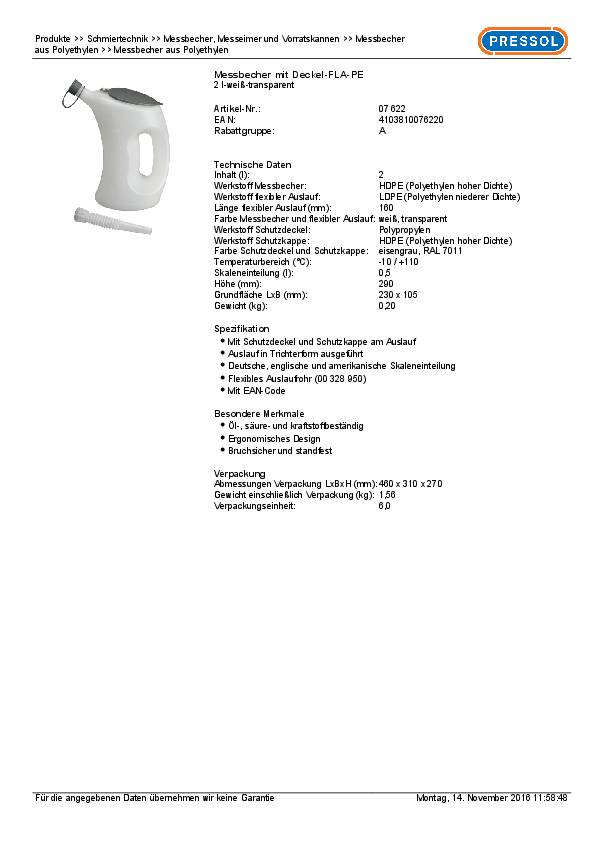 Messbecher 2l m.Schutzdeckel/Schutzkappe/Flexauslauf HDPE PRESSOL