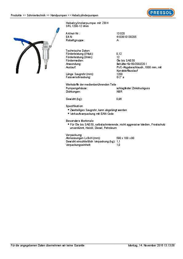 Hebelzylinderpumpe Förderleistung/Hub 12l/min Tauchtiefe b.120cm PRESSOL