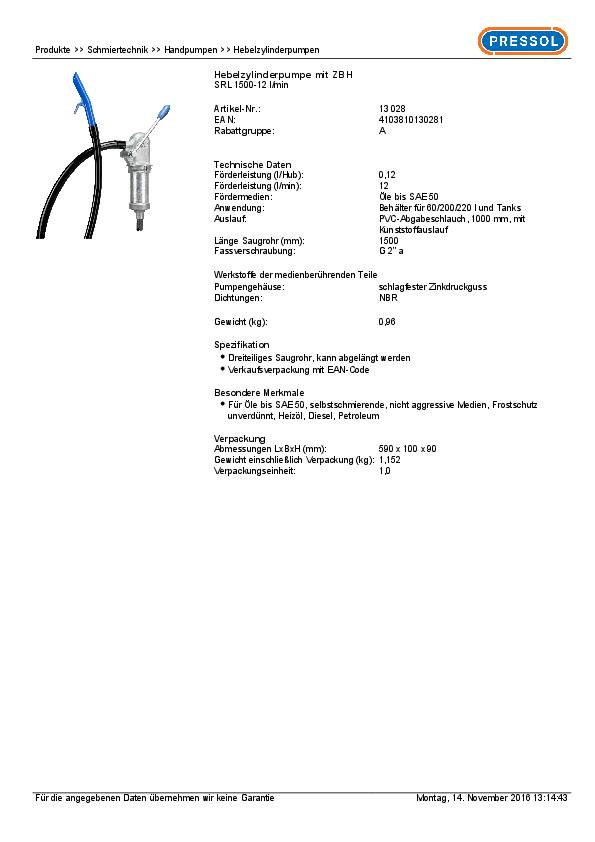 Hebelzylinderpumpe Förderleistung/Hub 12l/min Tauchtiefe b.150cm PRESSOL
