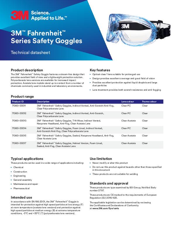 Vollsichtschutzbrille Fahrenheit FheitSA EN 166 Acetatscheibe klar AC 3M