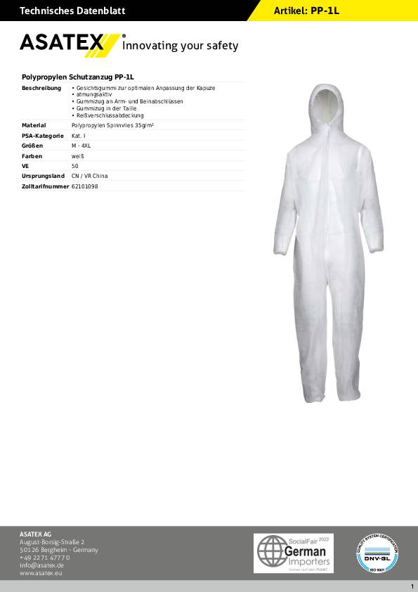 Einwegoverall Gr.XXL weiß PSA I ASATEX