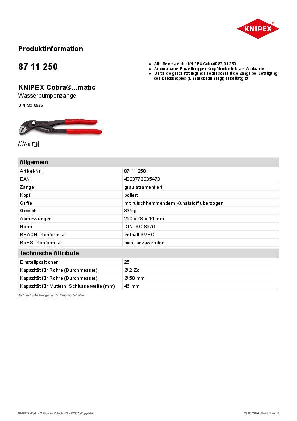 Wasserpumpenzange Cobra®…matic L.250mm Spann-W.46mm pol.Ku.-Überzug KNIPEX