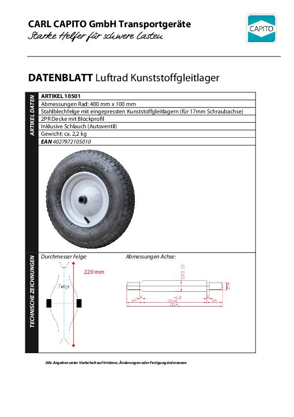 Luftrad D.400mm Radbreite 100mm m.Achse u.Kunststoffgleitlager CAPITO