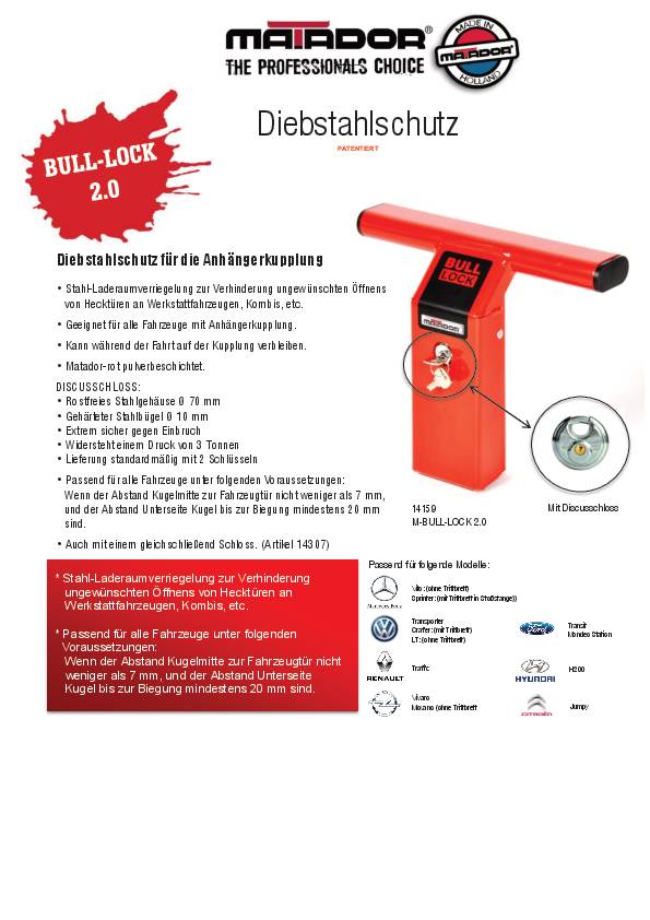 Laderaumsicherung Bull-Lock 2 Stahl,pulv.L410xB100xH260mm G.4,7kg rot MATADOR