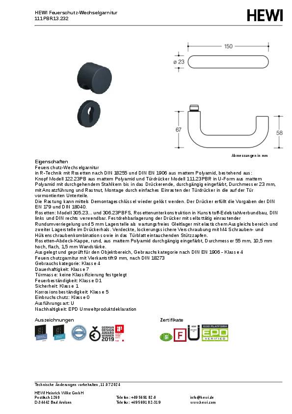 FS-Garnitur 111PBR13.232 PA 90m K/D TS 38,1-48,0mm PZ rd.DIN L/R HEWI