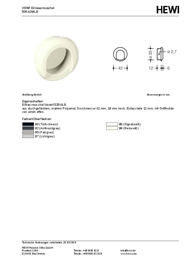 Einlassmuschel 535MLB PA ma 90 tiefschwarz L.42mm B.42mm HEWI