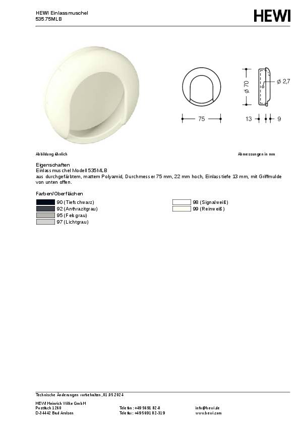 Einlassmuschel 535MLB PA ma 90 tiefschwarz L.75mm B.75mm HEWI