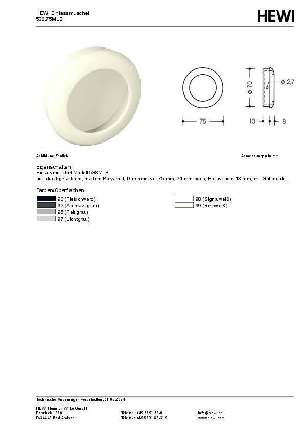 Einlassmuschel 538 MLB PA ma 90 tiefschwarz L.75mm B.75mm HEWI