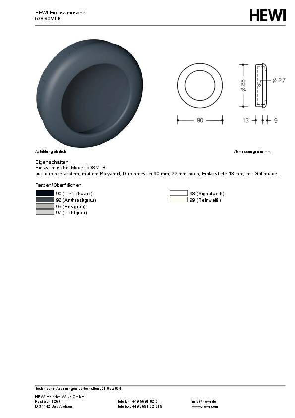 Einlassmuschel 538 MLB PA ma 90 tiefschwarz L.90mm B.90mm HEWI