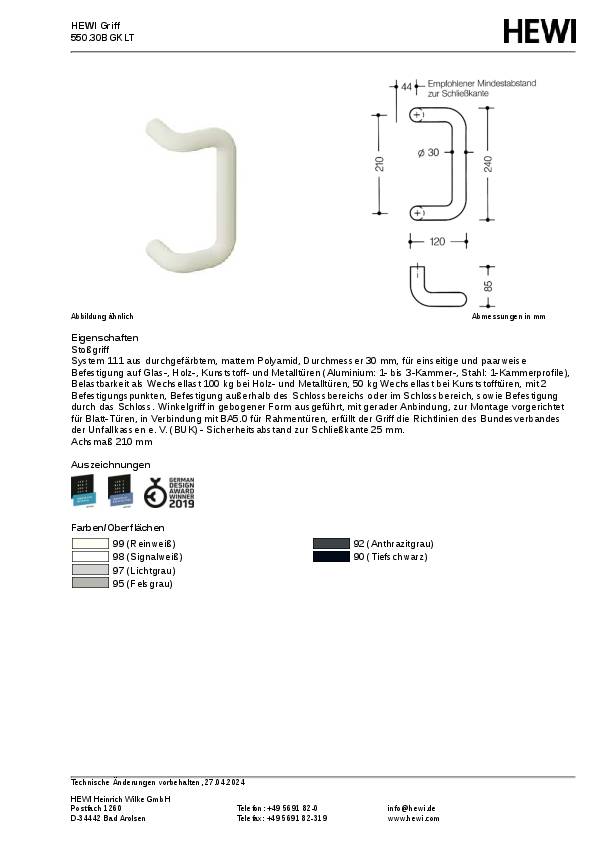 Stoßgriff 550.30GKLT PA ma Farb-Nr.90 A.210mm L.240mm B.120mm HEWI
