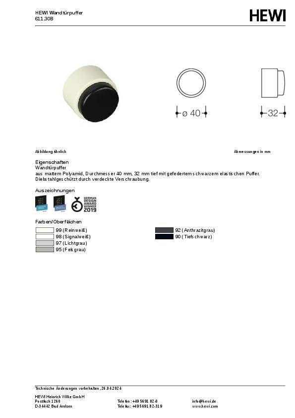 Wandtürpuffer 611.30B PA ma 90 tiefschwarz L.30mm HEWI